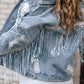 Sky Blue Sequin Embellished Fringe Distressed Denim Jacket