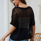 Whit Fishnet Knit Ribbed Round Neck Short Sleeve Sweater Tee