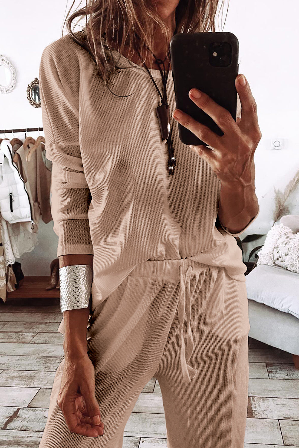 Parchment Textured Long Sleeve T Shirt and Trousers Lounge Set