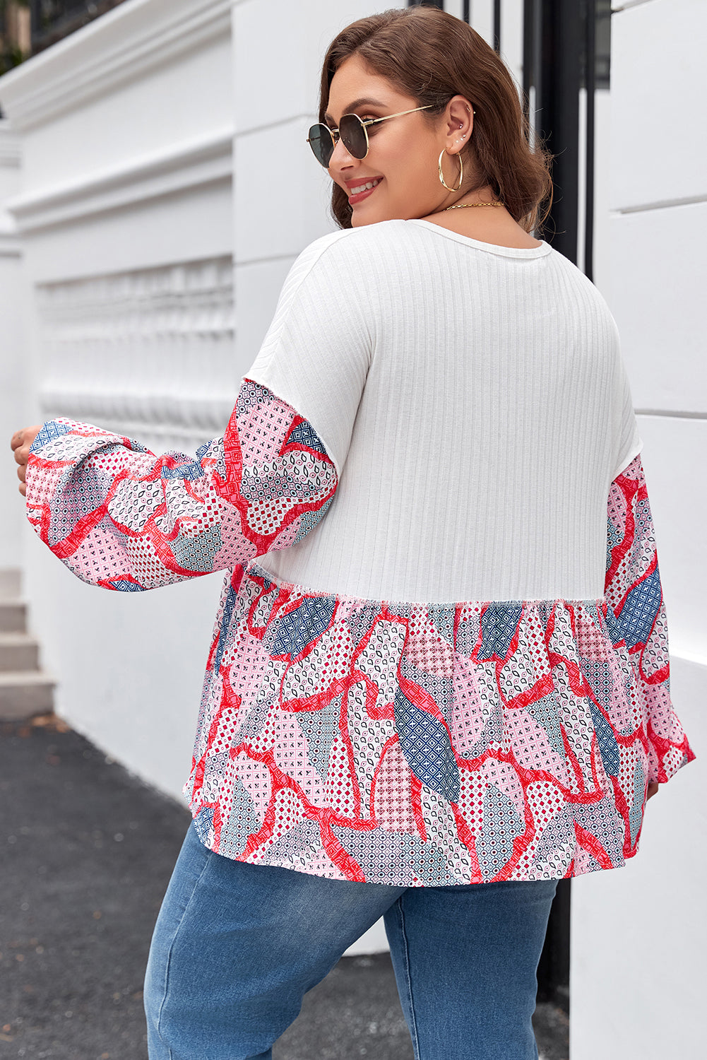 Apricot Plus Size Printed Patchwork Textured Buttoned Blouse