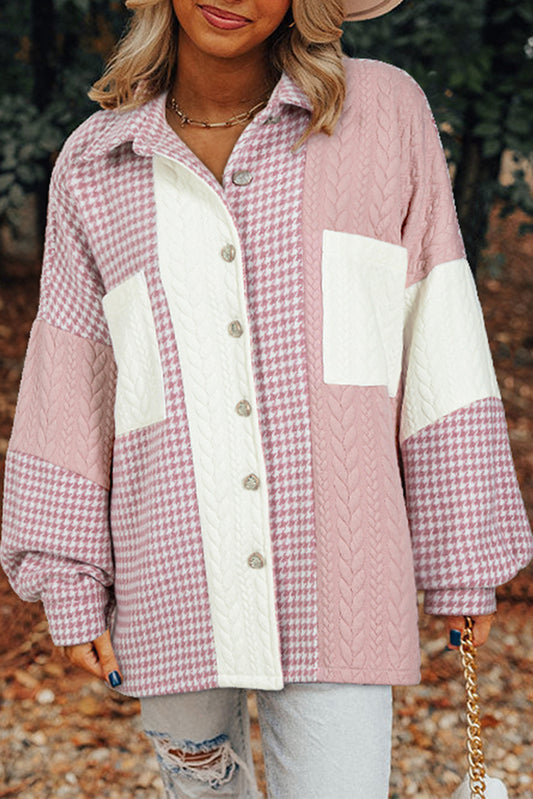 Pink Houndstooth Colour Contrast Textured Patchwork Loose Shacket