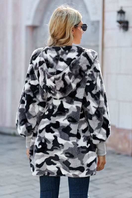 Grey Camo Print Soft Fleece Hooded Open Front Coat