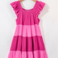 Pink Crinkled Colorblock Patchwork Flutter Tiered Mini Dress