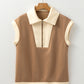 Simply Taupe Half Zipper Collared Colorblock Short Sleeve Top