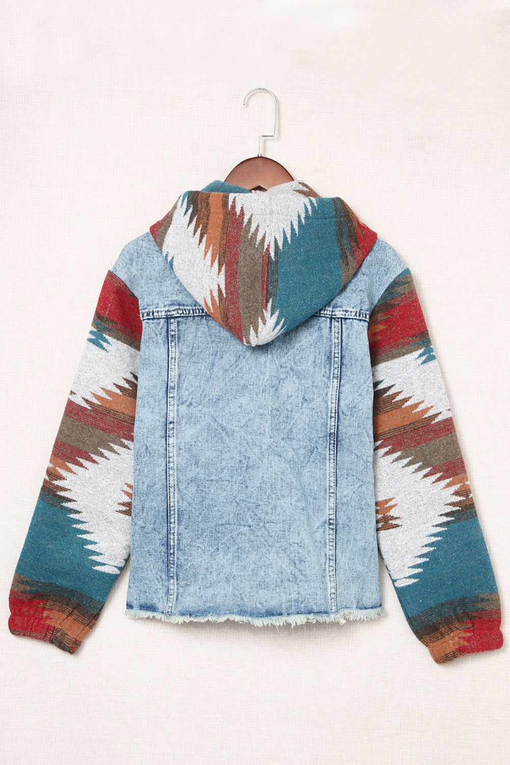 Multicolour Aztec Print Frayed Hem Denim Jacket