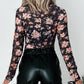 Black Floral Mesh Mock Neck Long Sleeve Slim Fit Top