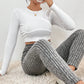 Grey Wide Waistband Ribbed Textured Knit Leggings