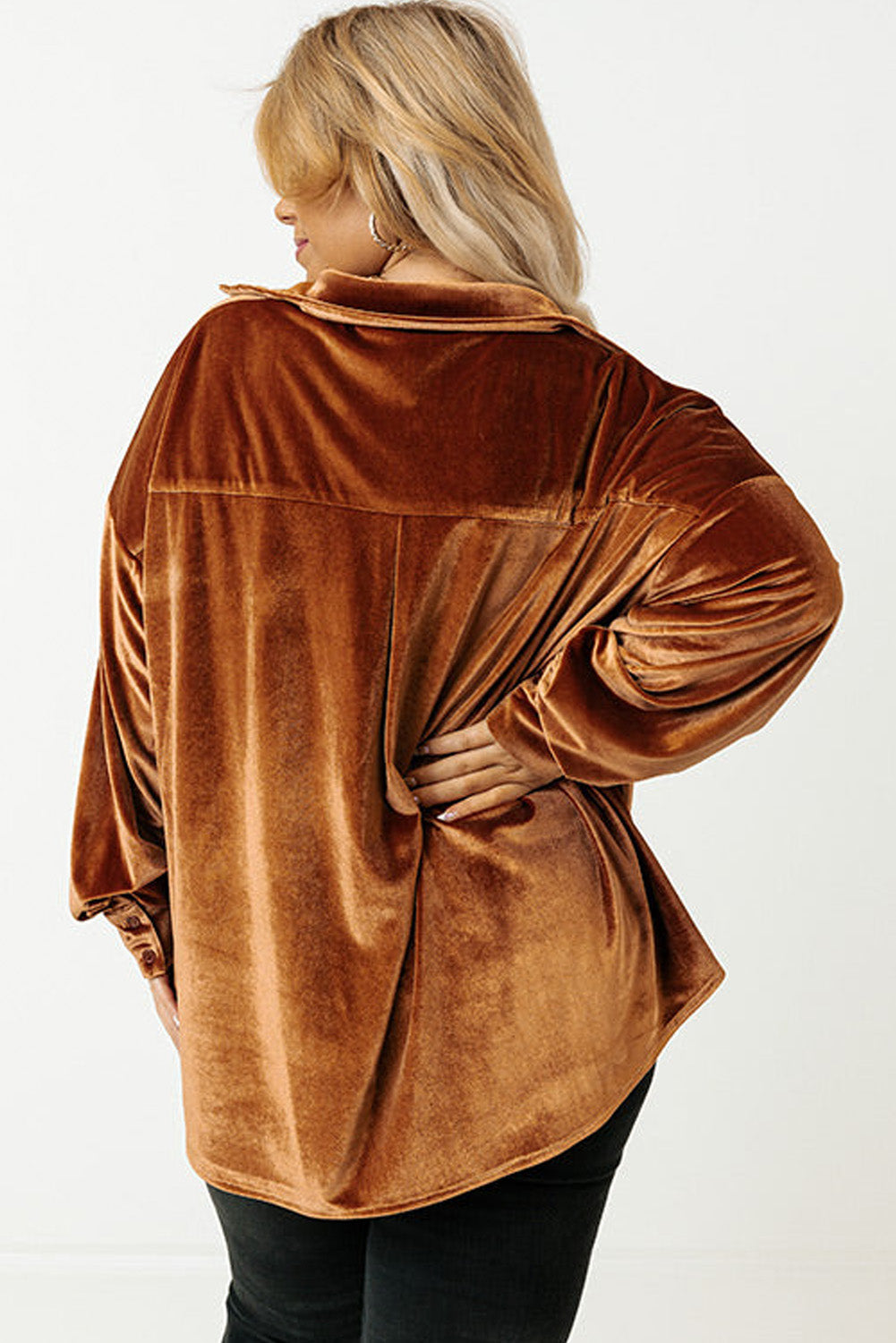 Chestnut Plus Size Velvet Chest Pocket Drop Shoulder Shirt