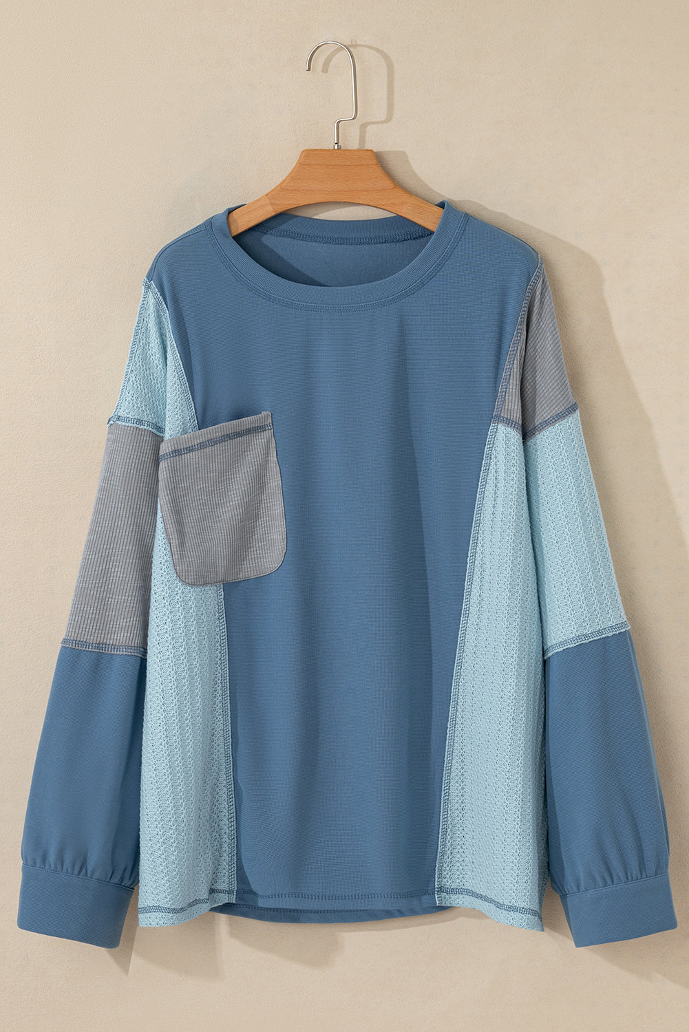 Dusk Blue Colourblock Stitching Patchwork Buttoned Long Sleeve Top