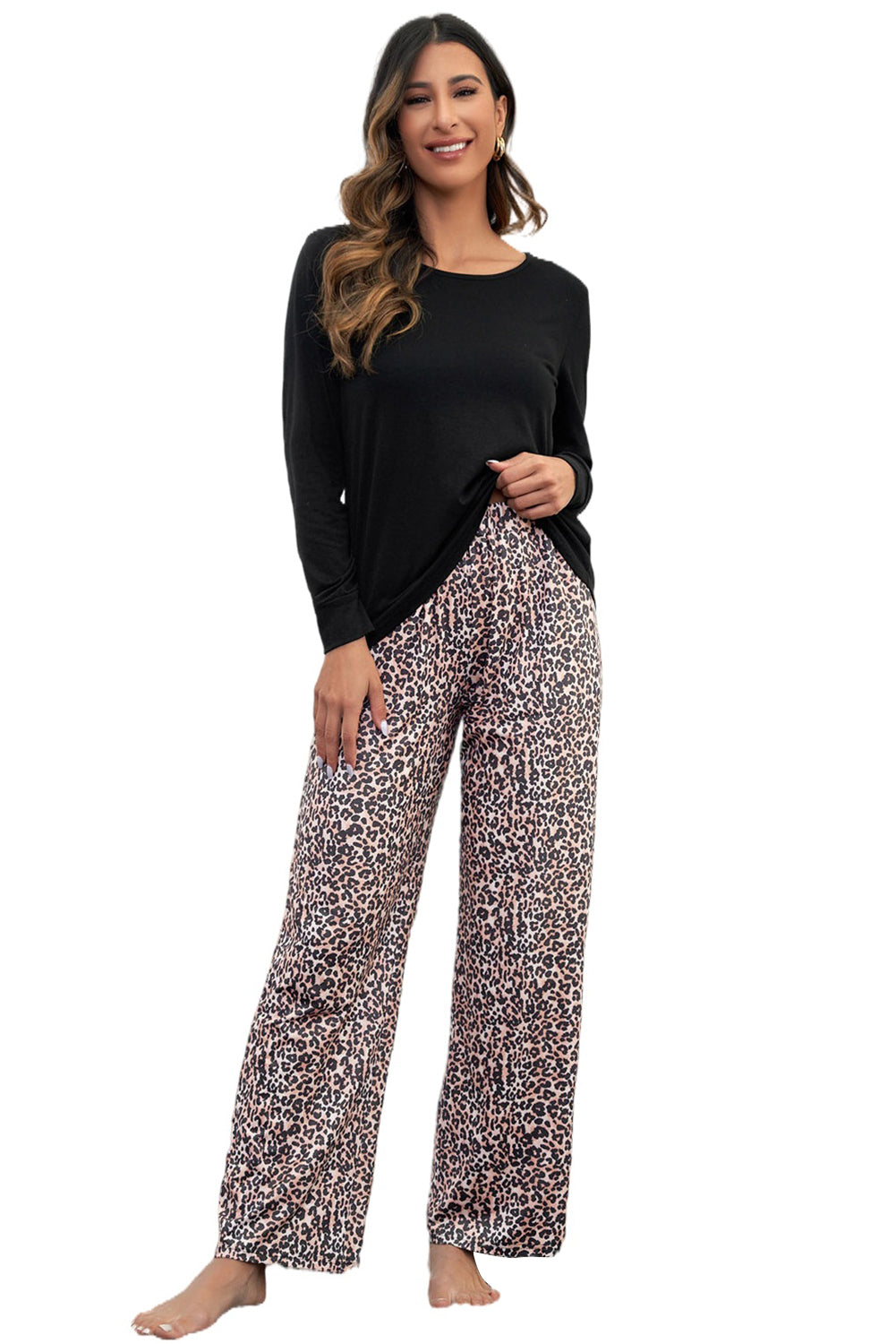 Long Sleeve Top and Leopard Print Trousers Lounge Set