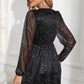 Black Glitter Mesh Overlay V Neck Long Sleeve Dress