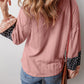 Dusty Pink Floral Patchwork Textured Knit Drawstring V Neck Blouse