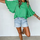 Green Frilly Round Neck Wide Half Sleeve Blouse