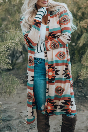 Multicolor Geometric Color Block Open Front Long Cardigan