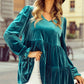 Sea Green Velvet V Neck Peplum Hem Puff Sleeve Blouse