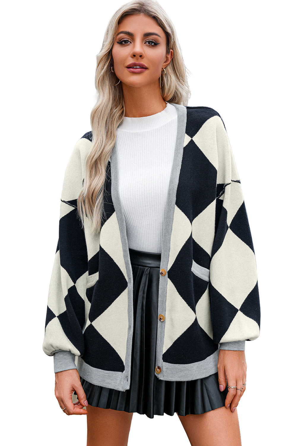 White Colourblock Drop Shoulder Buttoned Loose Cardigan