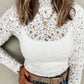 White Flower Lace See Through Mock Neck Long Sleeve Top