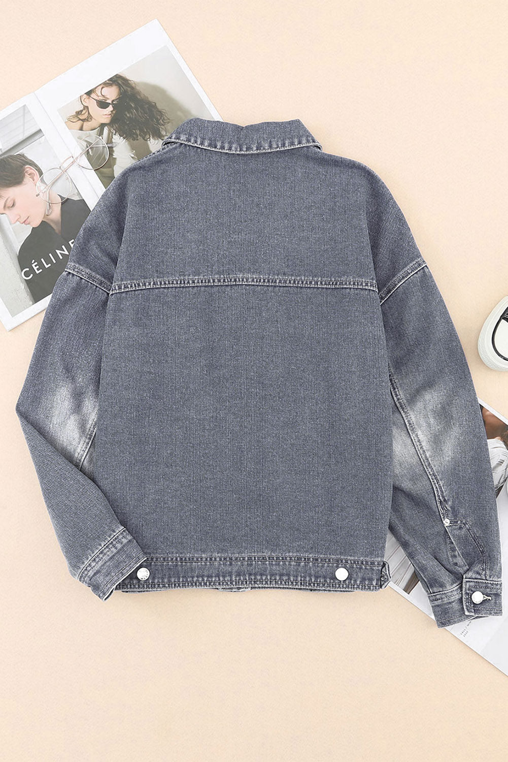 Grey Chest Pockets Drop Shoulder Loose Denim Jacket