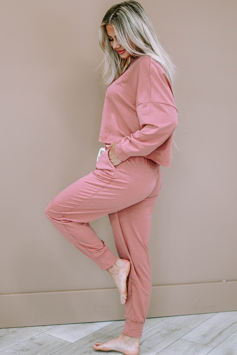 Pink Solid Sport Boxy Fit Pullover & Trousers Outfit