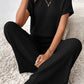 Black Solid Color Ribbed Short Sleeve Wide Leg Jumpsuit