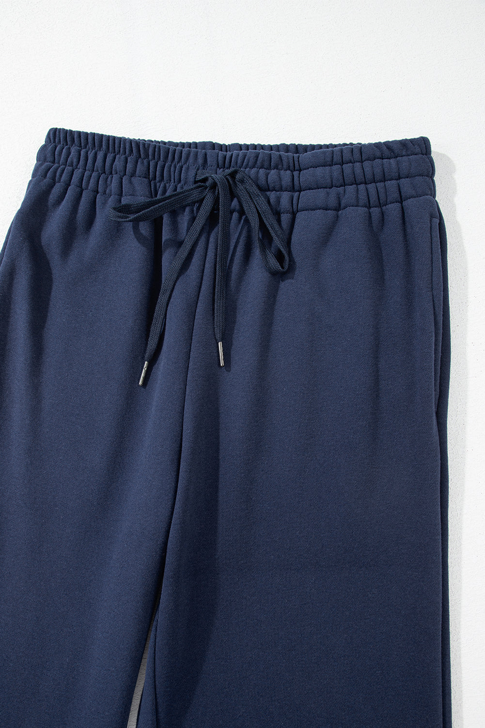 Navy Blue Solid Colour Fleece Lined Drawstring Waist Casual Trousers