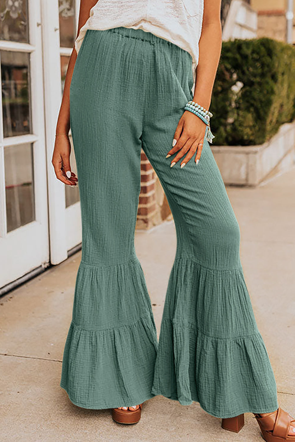 Rose Textured High Waist Ruffled Bell Bottom Pants