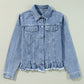 Beau Blue Ruffle Raw Hem Flap Pockets Denim Jacket