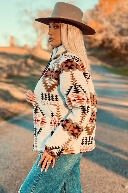 Beige Aztec Printed Stand Neck Zip Up Jacket