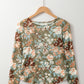 Green Floral Print Mesh Fitted Long Sleeve Top