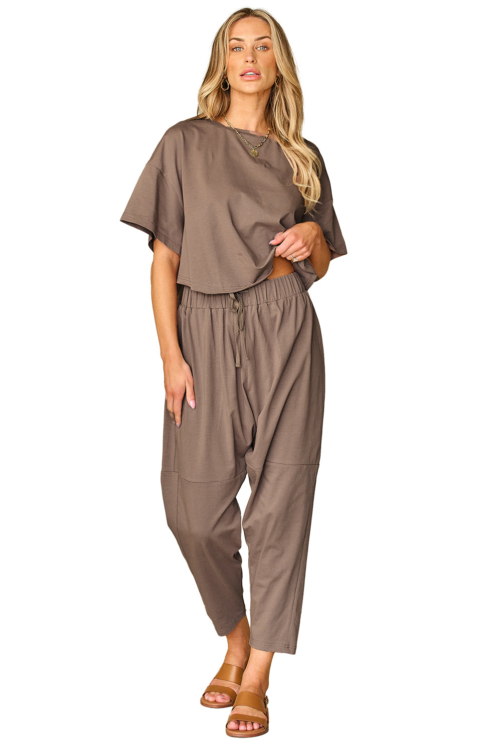 Simply Taupe High Low Boxy Fit Tee and Crop Trousers Set