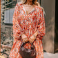 Orange Floral Print Split V Neck Bubble Sleeve Plus Size Midi Dress