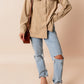 Light French Beige Solid Frilled Flap Pocket Button Up Corduroy Shacket