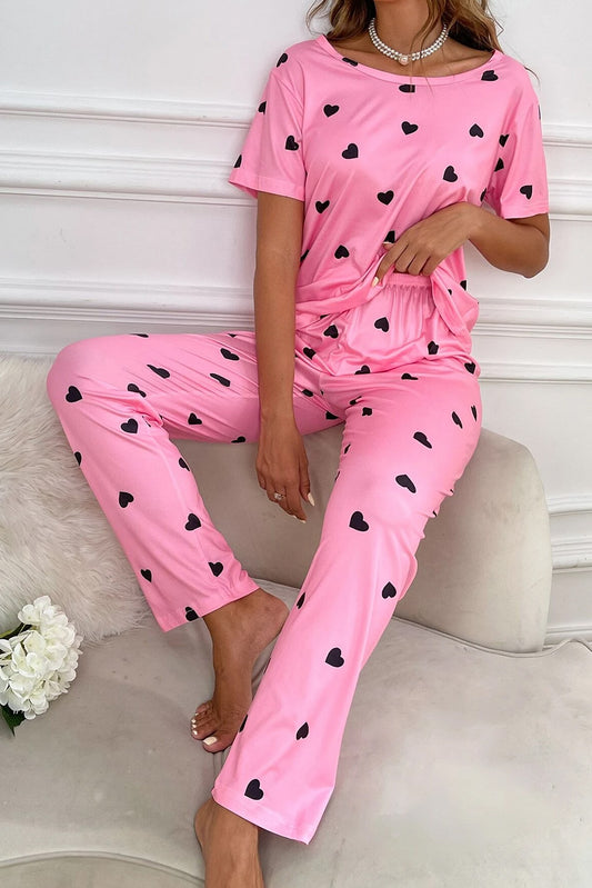 Pink Valentines Heart Print Tee and Trousers Lounge Set