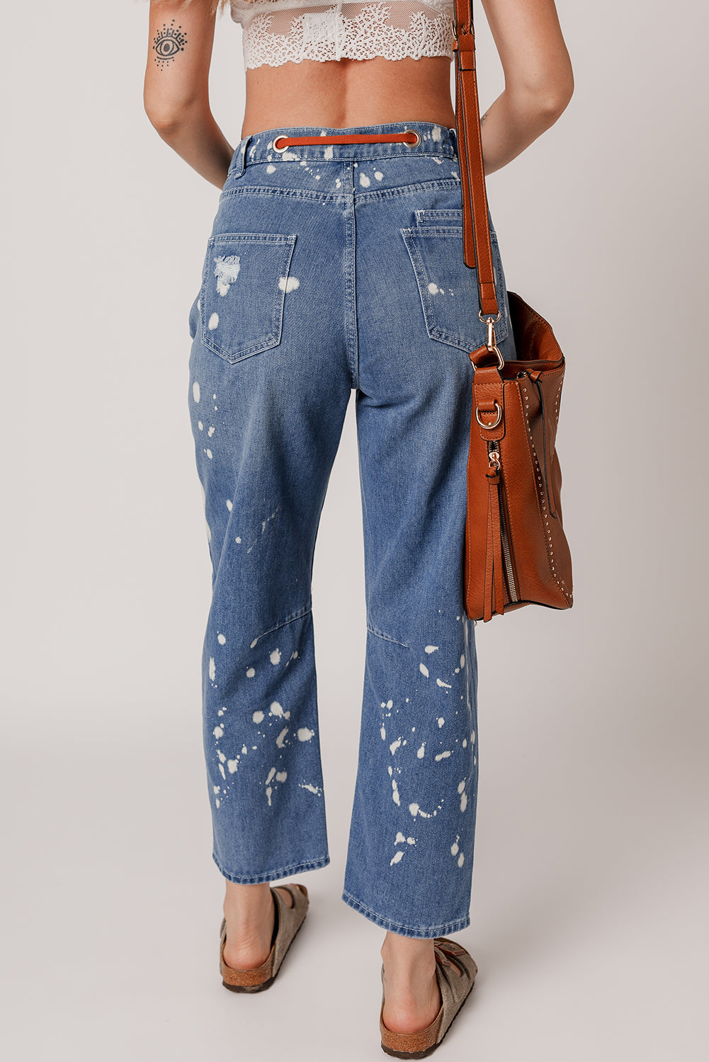 Ashleigh Blue Ripped Splattering Paint Rope Waist Cropped Straight Jeans