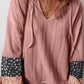 Dusty Pink Floral Patchwork Textured Knit Drawstring V Neck Blouse