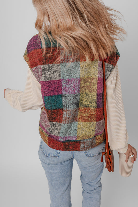 Multicolour Plaid Print Loose Sleeveless Jacket