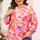 Pink Plus Size Abstract Floral Print V Neck Blouse