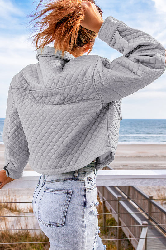 Grey Quilted Pocketed Zip-up Cropped Jacket