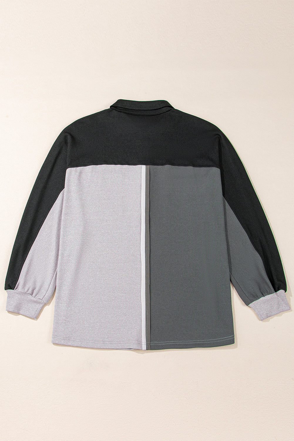 Grey Colourblock Ribbed Collared Oversized Sweatshirt