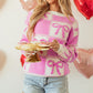 Pink Bow Knot Two Tone Checkered Crew Neck Sweater