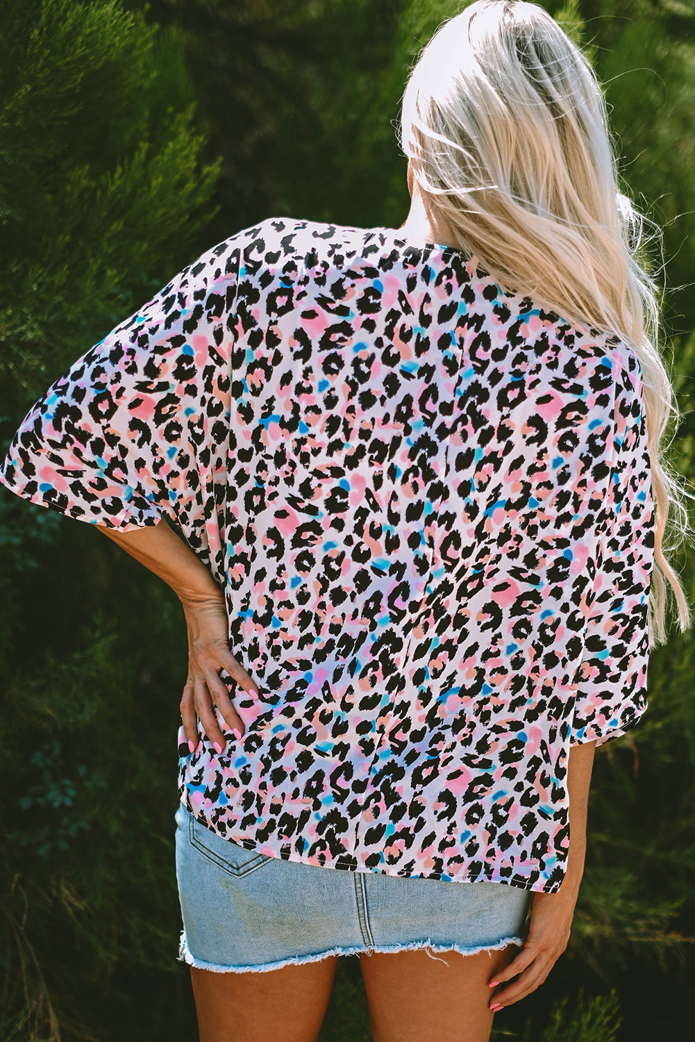 Pink Multicolor Leopard Print V Neck Oversized Blouse