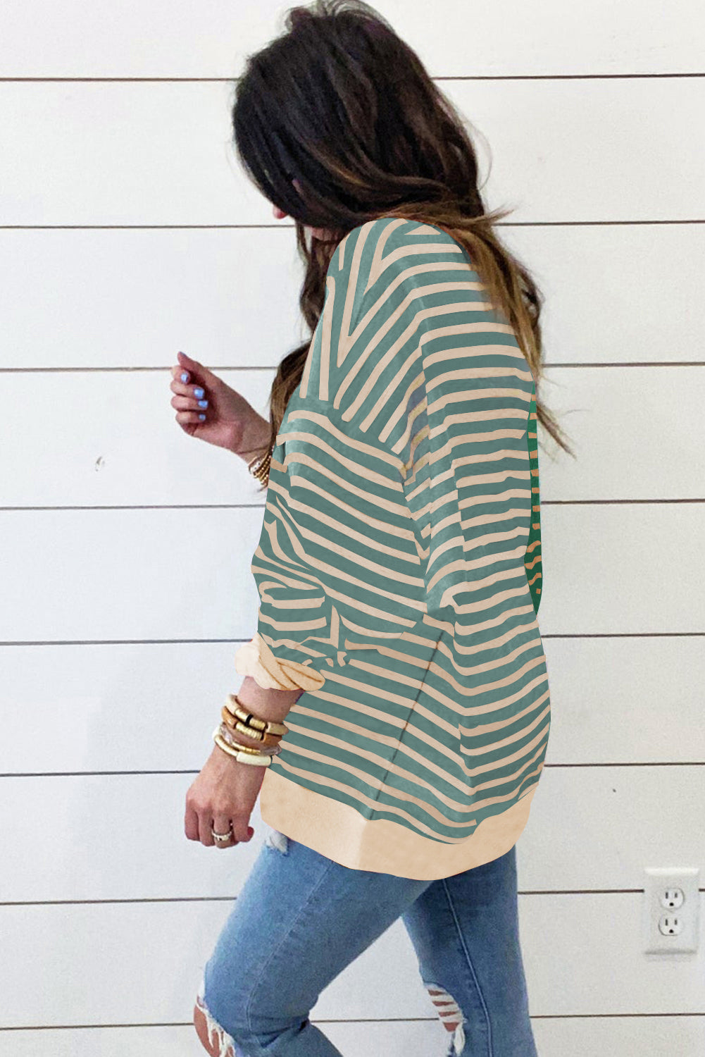 Brown Stripe Casual Stripe Colourblock Drop Shoulder Oversize Sweatshirt