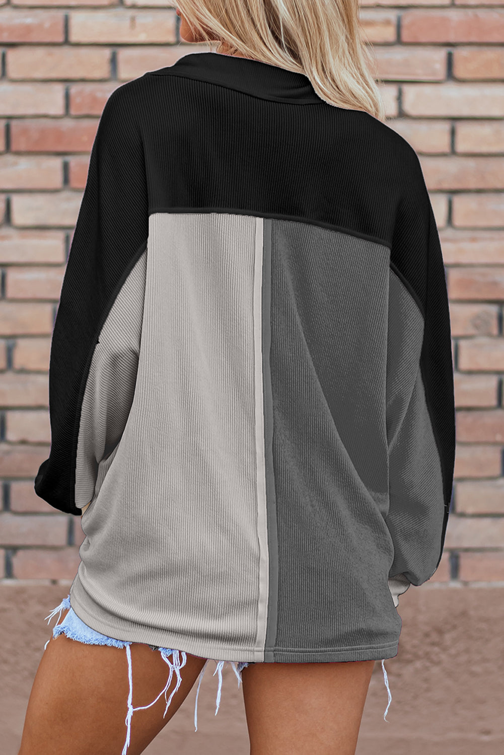 Grey Colourblock Ribbed Collared Oversized Sweatshirt