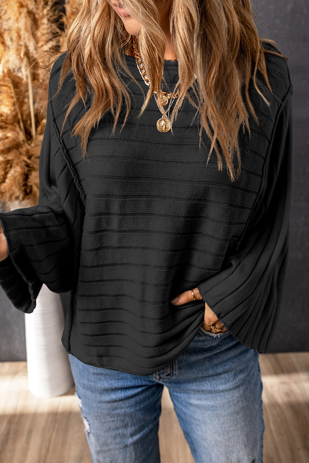 Black Exposed Seam Ribbed Knit Dolman Top