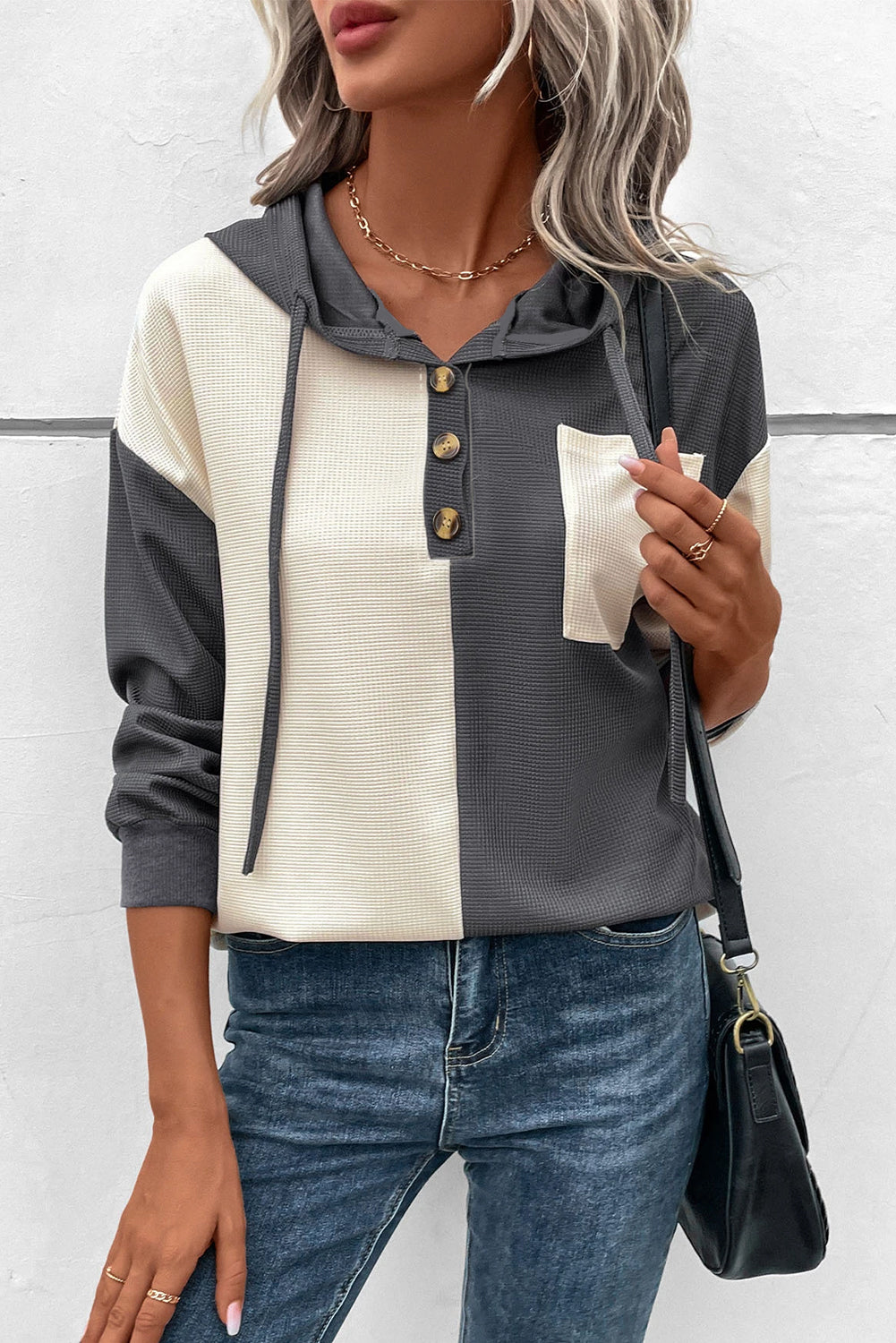 Dark Grey Waffle Colourblock Buttons Placket Drop Shoulder Drawstring Hoodie