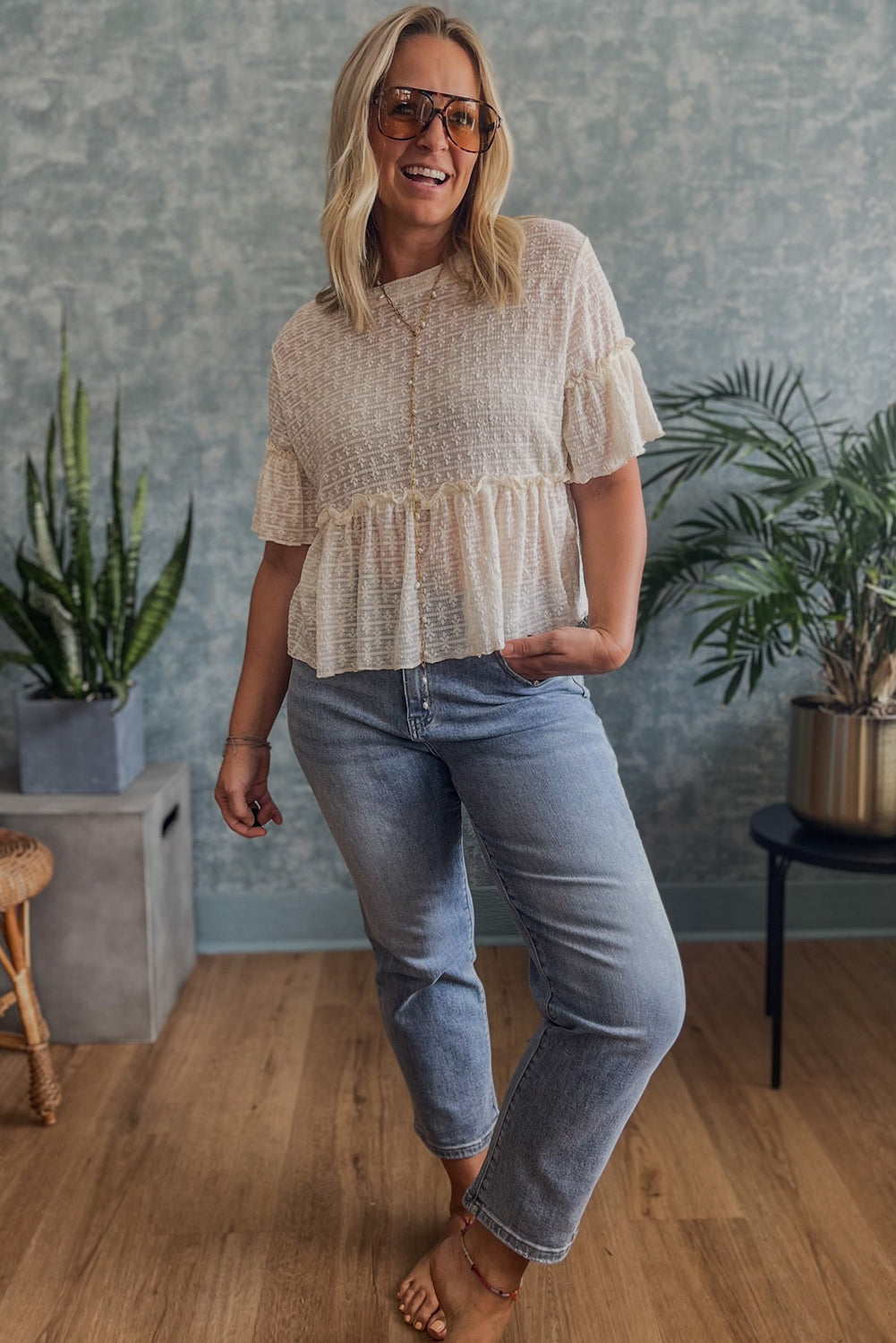 Beige Solid Color Textured Ruffled Short Sleeve Blouse