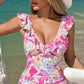 Pink Floral Ruffle Trim V Neck Lace-up Back Tummy Control One Piece Swimsuit