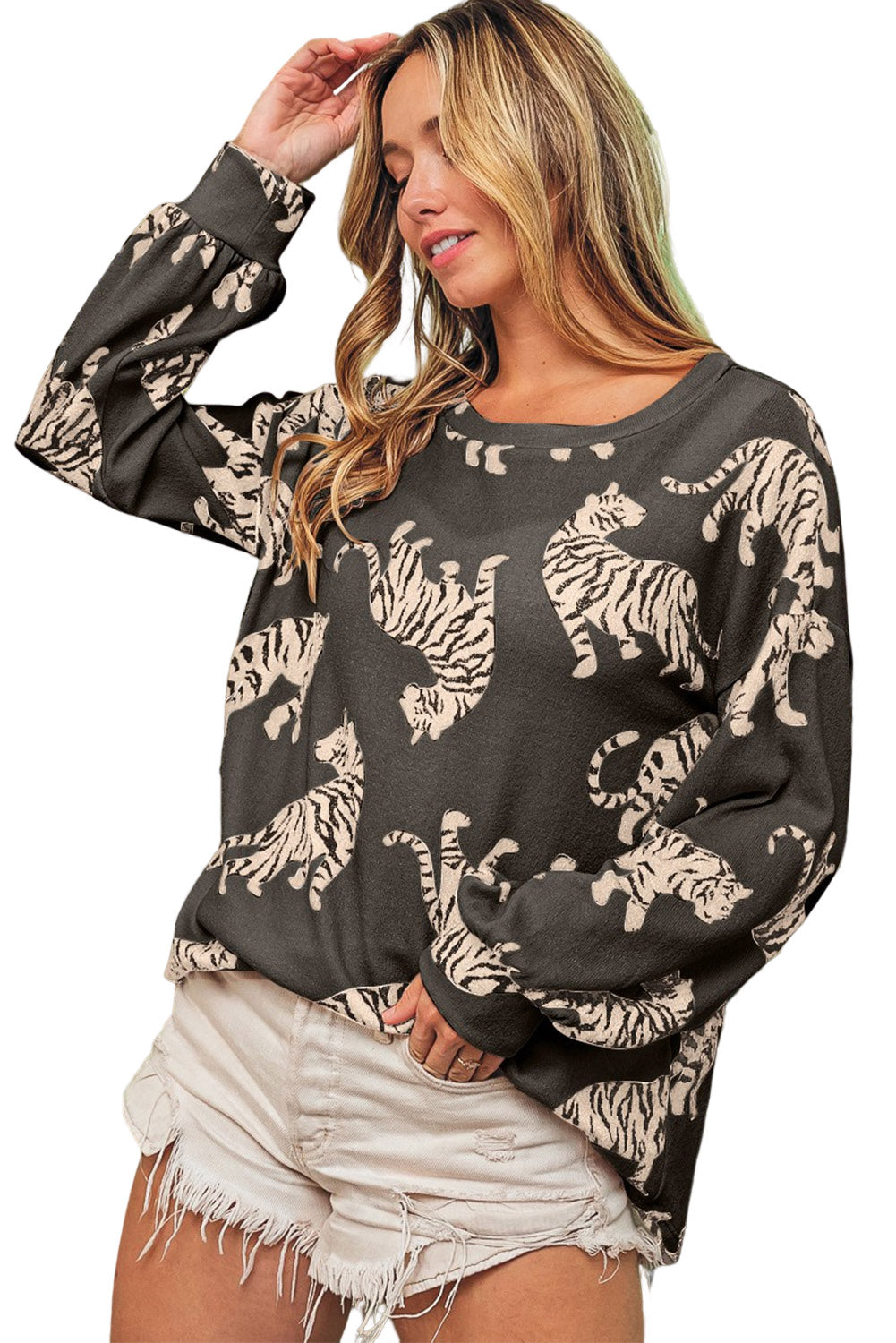 White Lively Tiger Print Casual Sweatshirt