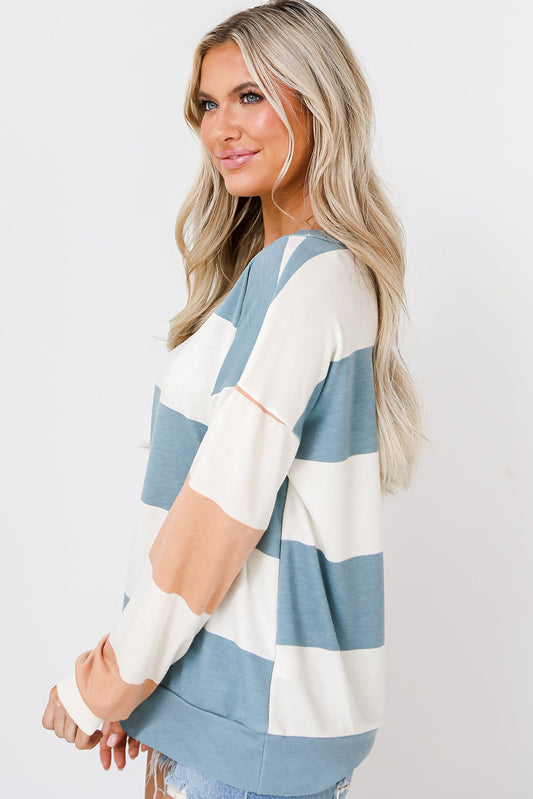 Light Blue Colourblock Striped Drop Shoulder Long Sleeve Top