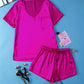 Bright Pink Satin V Neck Tee and Drawstring Shorts Set